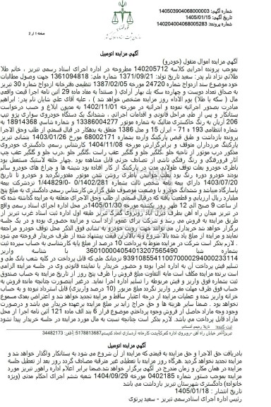 آگهی مزایده اتومبيل ششدانگ یک دستگاه خودروی سواری پژو تیپ 206 آریان