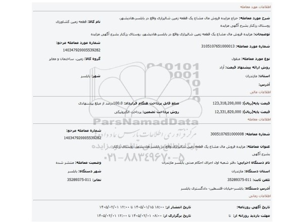 مزایده، مزایده فروش مال مشاع یک قطعه زمین شالیزاری واقع در بابلسر،هادیشهر، روستای رزکنار  بشرح آگهی مزایده
