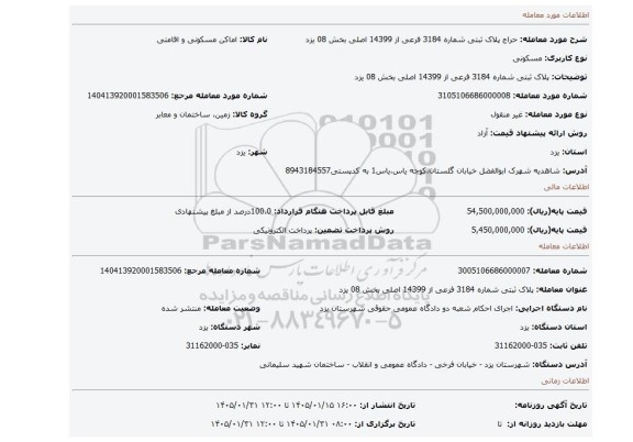 مزایده، پلاک ثبتی شماره 3184 فرعی از 14399 اصلی بخش 08 یزد
