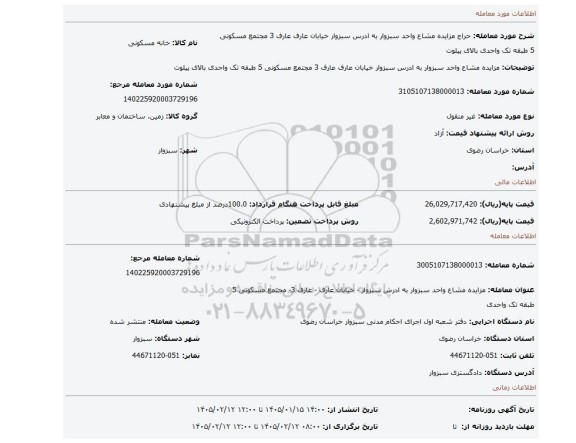 مزایده، مزایده مشاع واحد سبزوار به ادرس سبزوار خیابان عارف عارف 3 مجتمع مسکونی 5 طبقه تک واحدی بالای پیلوت
