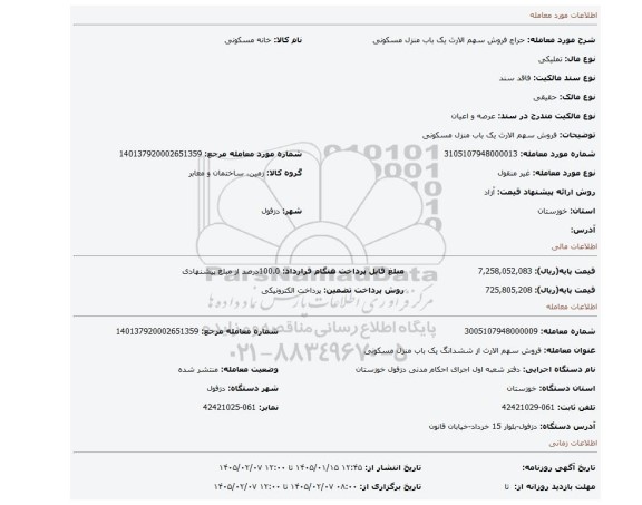 مزایده، فروش سهم الارث یک باب منزل مسکونی