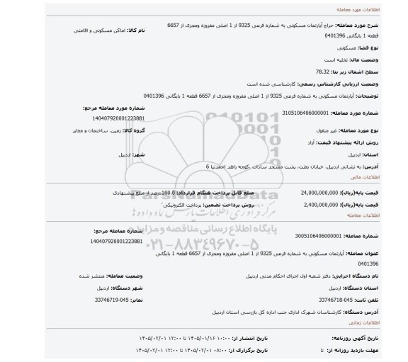 مزایده، آپارتمان مسکونی به شماره فرعی 9325 از 1 اصلی مفروزه ومجزی از 6657 قطعه 1 بایگانی 0401396