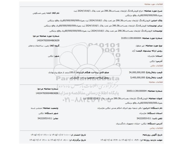 مزایده، فروش6دانگ اپارتمان بمساحت290.36 متر تحت پلاک 2024/1016/1 ثبت بمیزان60/000/000/000ریال واقع درتنکابن