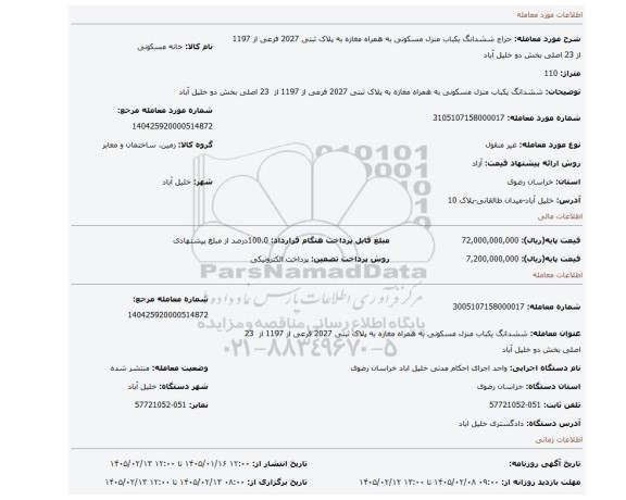 مزایده، ششدانگ یکباب منزل مسکونی به همراه مغازه به پلاک ثبتی 2027 فرعی از 1197 از  23 اصلی بخش دو خلیل آباد