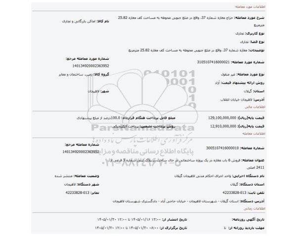 مزایده، مغازه شماره 37، واقع در ضلع جنوبی محوطه به مساحت کف مغازه 25.82 مترمربع