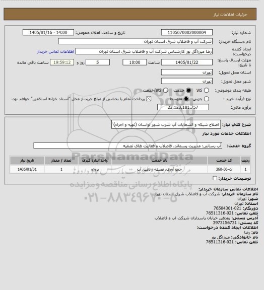 استعلام اصلاح شبکه و انشعابات آب شرب شهر لواسان (تهیه و اجراء)
