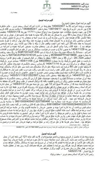 مزایده ششدانگ یک دستگاه خودرو سواری ام وی ام به رنگ سفید روغنی مدل 1391
