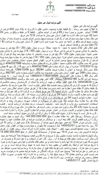 مزایده یک قطعه مغازه وضعیت خاص طلق با کاربری به پلاک ثبتی 402 فرعی از 1346 اصلی 