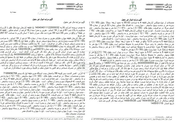 مزایده یک قطعه آپارتمان نوع ملک طلق با کاربری مسکونی به پلاک ثبتی 81 فرعی از 18 اصلی 