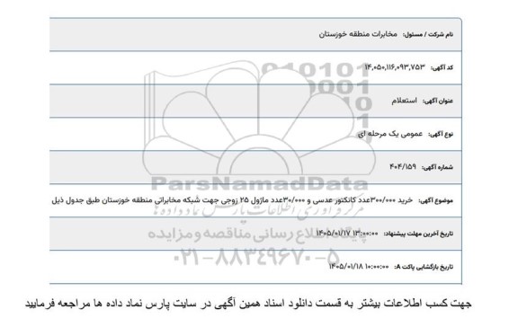 استعلام خرید 300.000 عدد کانکتور عدسی و 30.000 عدد ماژول 25 زوجهی جهت شبکه مخابراتی 