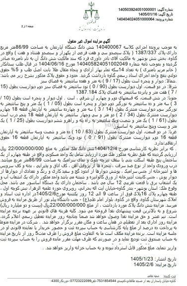 مزایده شش دانگ دستگاه آپارتمان به مساحت 86.99 متر مربع