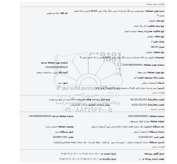 مزایده، فروش دو دانگ مشاع از شش دانگ پلاک ثبتی 86253 فرعی از یک اصلی بخش 9