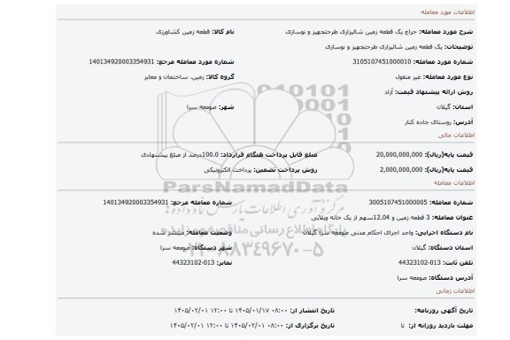 مزایده، یک قطعه زمین شالیزاری طرحتجهیز و نوسازی