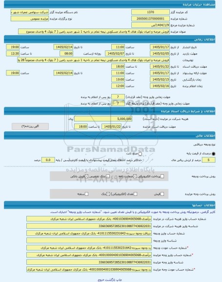 مزایده ، فروش عرصه و اعیان بلوک های 4 واحدی مسکونی نیمه تمام در ناحیه 1 شهر جدید رامین ( 7 بلوک 4 واحدی مجموع -مزایده ساختمان  -