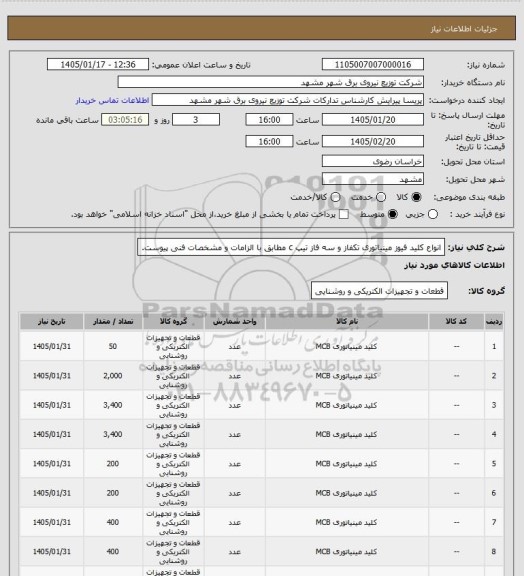 استعلام انواع کلید فیوز مینیاتوری تکفاز و سه فاز تیپ c مطابق با الزامات و مشخصات فنی پیوست.