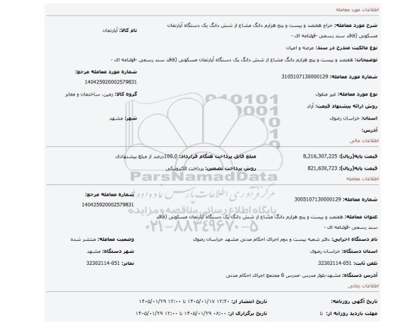 مزایده، هفتصد و بیست و پنج هزارم دانگ مشاع از شش دانگ یک دستگاه آپارتمان مسکونی (فاقد سند رسمی -قولنامه ای -