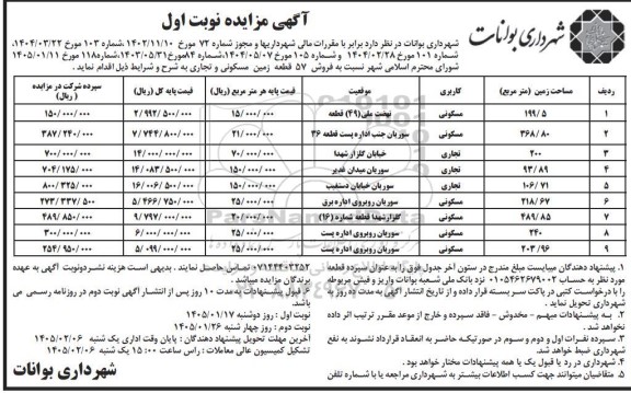 مزایده فروش 57 قطعه زمین مسکونی و تجاری