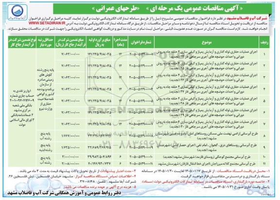 مناقصه اجرای عملیات حفاری، لوله گذاری و آزمایش پمپاژ و ....