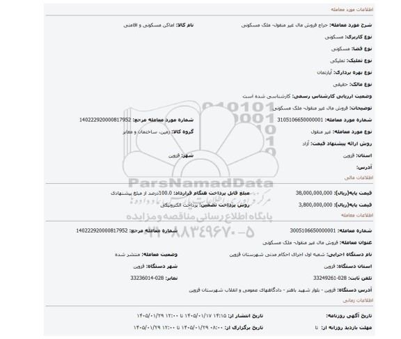 مزایده، فروش مال غیر منقول- ملک مسکونی