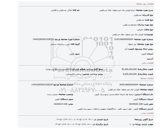 مزایده، فروش مال غیر منقول- ملک مسکونی