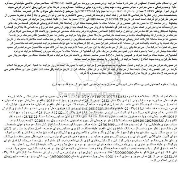 مزایده 2.9195 حبه از  پلاک ثبتی 28/12122