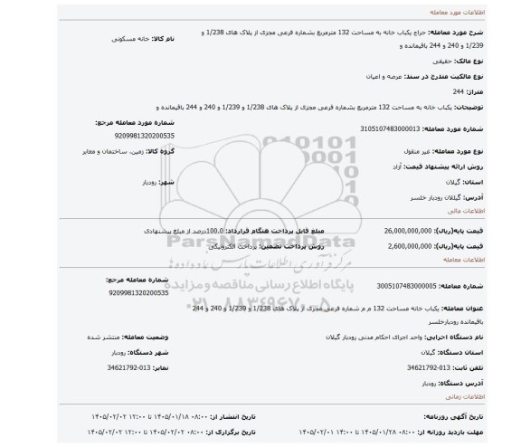مزایده، یکباب خانه  به مساحت 132 مترمربع بشماره فرعی مجزی از پلاک های 1/238 و 1/239 و 240 و 244 باقیمانده  و