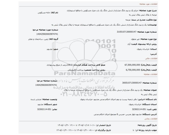 مزایده، یک و نیم دانگ مشاع از شش دانگ یک باب منزل مسکونی با منافع استیجاری عرصه  با پلاک ثبتی  پلاک ثبتی به