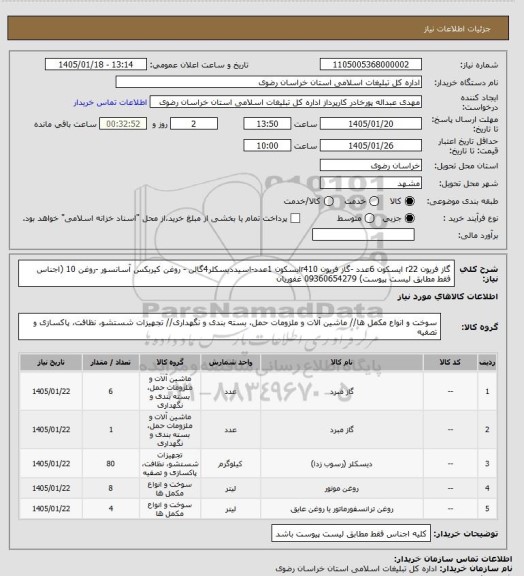 استعلام گاز فریون r22 ایسکون 6عدد -گاز فریون r410ایسکون 1عدد-اسیددیسکلر4گالن - روغن کیربکس آسانسور  -روغن 10  (اجناس فقط مطابق لیست پیوست) 09360654279 غفوریان