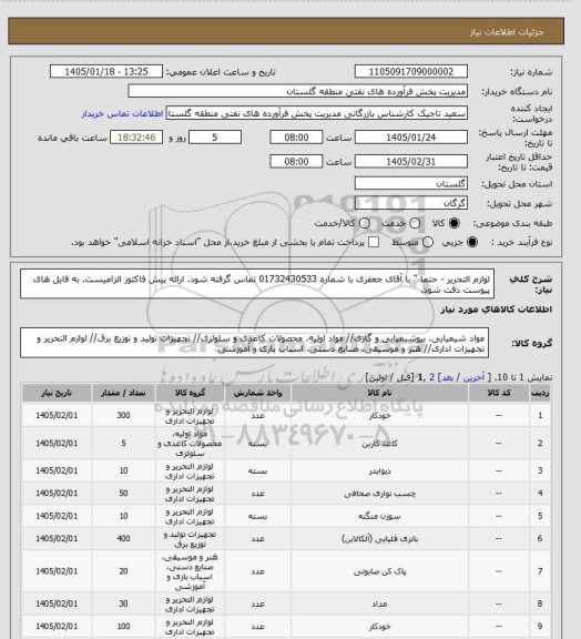 استعلام لوازم التحریر - حتما " با آقای جعفری با شماره 01732430533 تماس گرفته شود. ارائه پیش فاکتور الزامیست. به فایل های پیوست دقت شود.