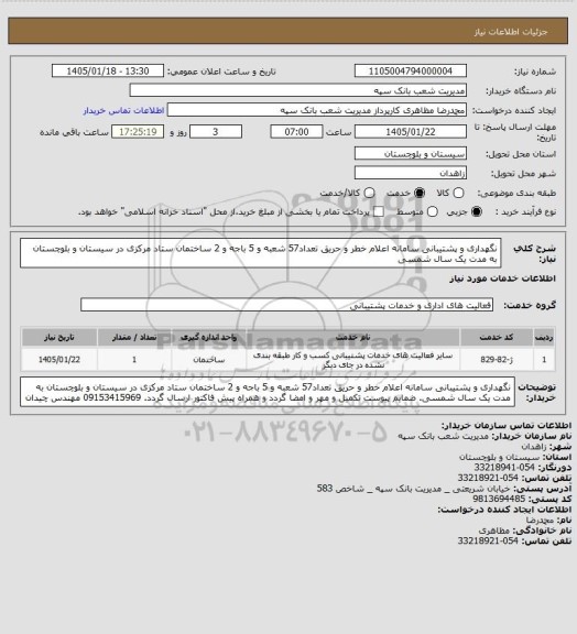 استعلام نگهداری و پشتیبانی سامانه اعلام خطر و حریق تعداد57 شعبه و 5 باجه و 2 ساختمان ستاد مرکزی در سیستان و بلوچستان به مدت یک سال شمسی