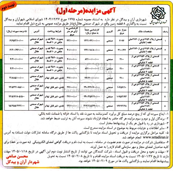 مزایده واگذاری 8 قطعه زمین - مرحله اول نوبت دوم 