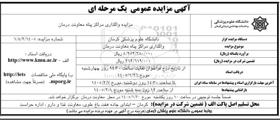 مزایده واگذاری مراکز پناه معاونت درمان