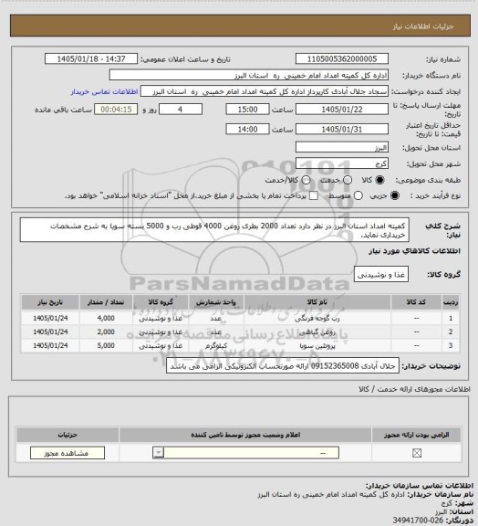 استعلام کمیته امداد استان البرز در نظر دارد تعداد 2000 بطری روغن 4000 قوطی رب و 5000 بسته سویا به شرح مشخصات خریداری نماید.