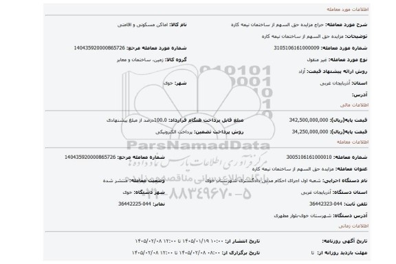 مزایده، مزایده حق السهم از ساختمان نیمه کاره