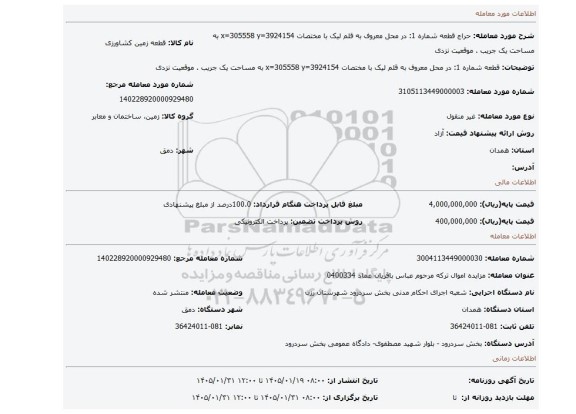 مزایده، قطعه شماره 1: در محل معروف به قلم لیک با مختصات x=305558   y=3924154  به مساحت یک جریب . موقعیت نزدی