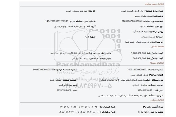 مزایده، فروش قطعات خودرو