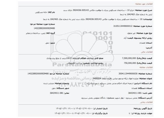 مزایده، 10  – ساختمان مسکونی پدری با موقعیت مکانی 305143-3924036  دارای سند ثبتی به شماره ملک 164/463 به شما