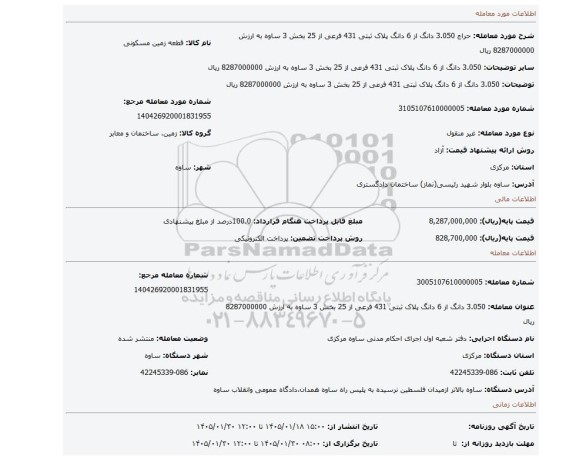 مزایده، 3.050 دانگ از 6 دانگ پلاک ثبتی 431 فرعی از 25 بخش 3 ساوه  به ارزش 8287000000 ریال