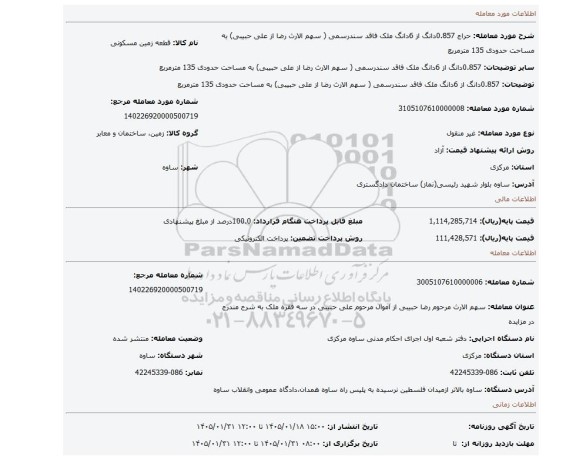 مزایده، 0.857دانگ از 6دانگ ملک فاقد سندرسمی ( سهم الارث رضا از علی حبیبی) به مساحت حدودی 135 مترمربع