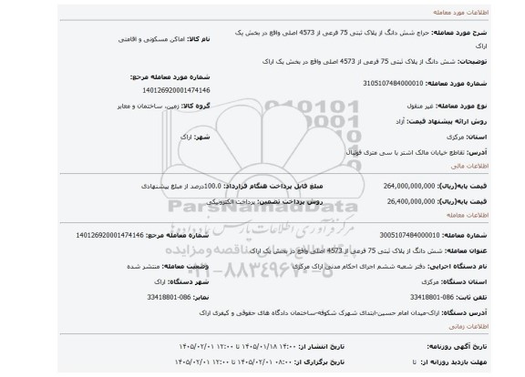 مزایده، شش دانگ از پلاک ثبتی 75 فرعی از 4573 اصلی واقع در بخش یک اراک