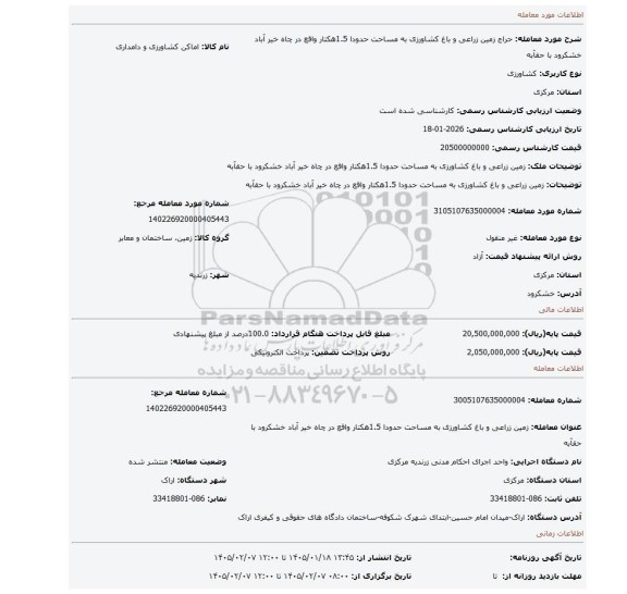 مزایده، زمین زراعی و باغ کشاورزی به مساحت حدودا 1.5هکتار واقع در چاه خیر آباد خشکرود با حقآبه