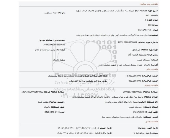 مزایده، مزایده سه دانگ یکباب منزل مسکونی واقع در چالدران خیابان شهید بخشعلی زاده