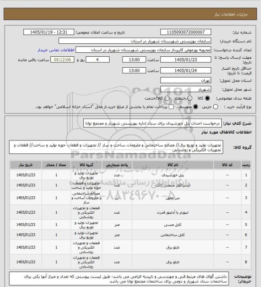 استعلام درخواست احداث پنل خورشیدی برای ستاد اداره بهزیستی شهریار و مجتمع توانا