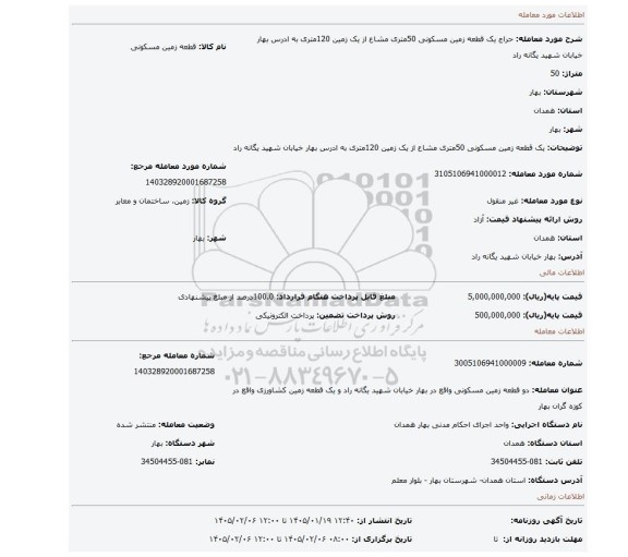 مزایده، یک قطعه زمین مسکونی 50متری  مشاع از یک زمین 120متری به ادرس بهار خیابان شهید یگانه راد