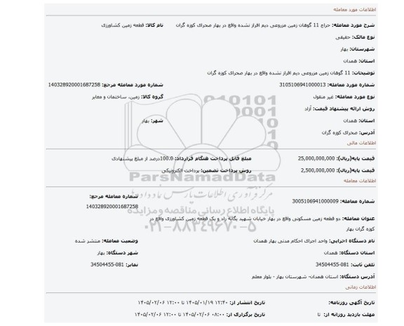 مزایده، 11 گوهان  زمین مزروعی دیم افراز نشده واقع در بهار صحرای کوزه گران