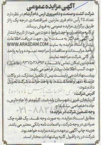 مزایده فروش تعداد 25 رأس دام فری مارتین غیر اقتصادی درجه یک