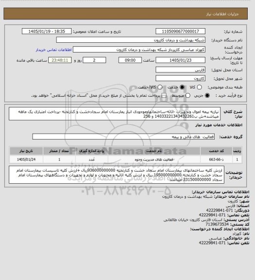 استعلام نیازبه بیمه اموال وتجهیزات -اثاثه-ساختمانهاوموجودی انبار یمارستان امام سجادخشت و کنارتخته -پرداخت اعتباری یک ماهه میباشد+ش ب14033221343432261 و 256