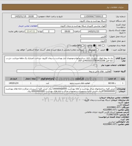 استعلام نیاز به بیمه اموال -تجهیزات اثاثه -ساختمانها-و موجودی انبار بهداشت و درمان کازرون -پرداخت اعتباری یک ماهه میباشد -ش-ب نامه قبل 140332212343432258و 257