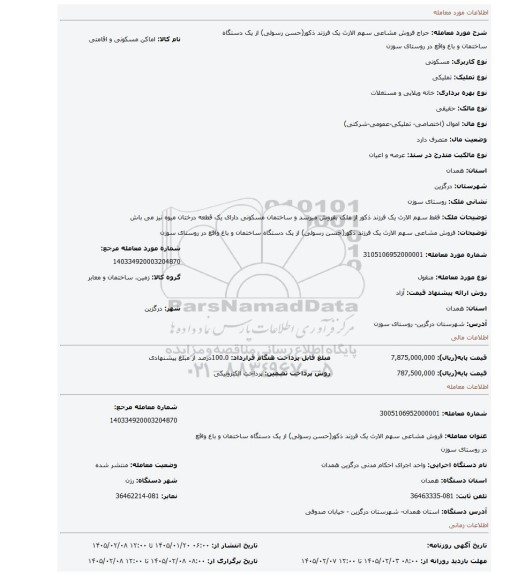 مزایده، فروش مشاعی سهم الارث یک فرزند ذکور(حسن رسولی) از یک دستگاه ساختمان و باغ واقع در روستای سوزن