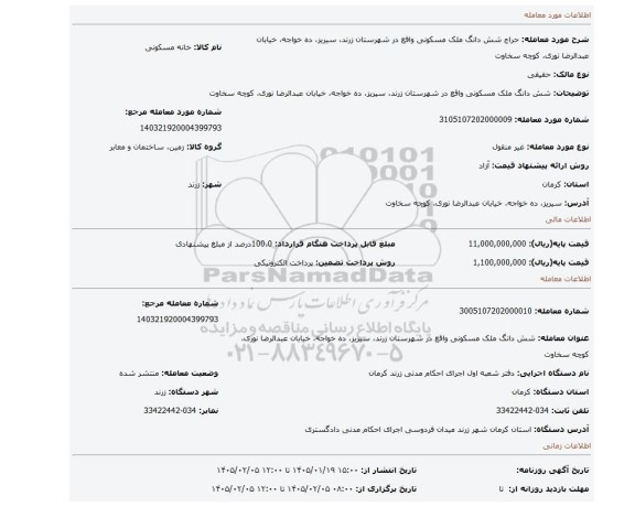 مزایده، شش دانگ ملک مسکونی واقع در شهرستان زرند، سیریز، ده خواجه، خیابان عبدالرضا نوری، کوچه سخاوت